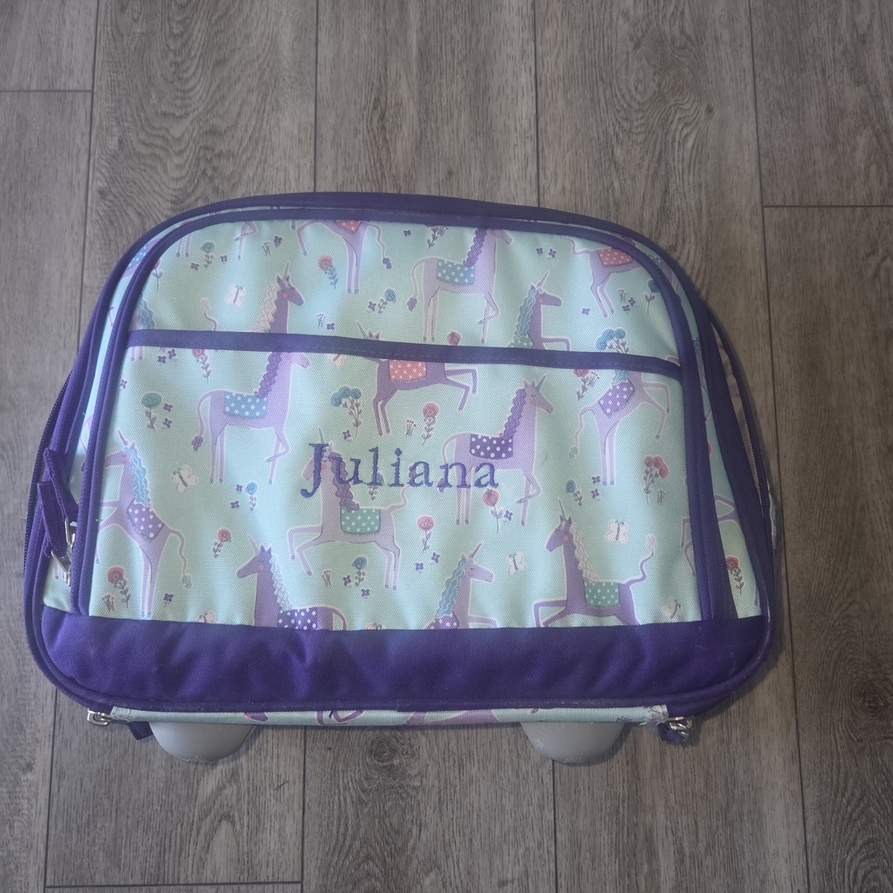 Pottery Barn Kids Purple and Aqua Rolling Luggage Bag.